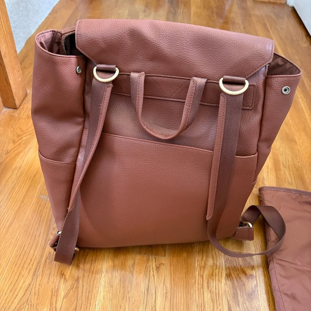 Freshly Picked Chestnut Brown Pebbled Leather Baby Backpack with Changing Pad